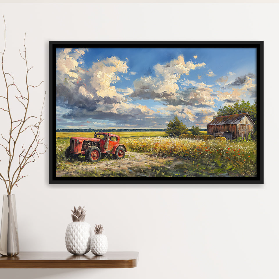 Oil Painting Clouds Over The Backyard And Old Tractor, Floating Frame, Framed Canvas Print Wall Art Home Decor