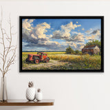 Oil Painting Clouds Over The Backyard And Old Tractor, Floating Frame, Framed Canvas Print Wall Art Home Decor