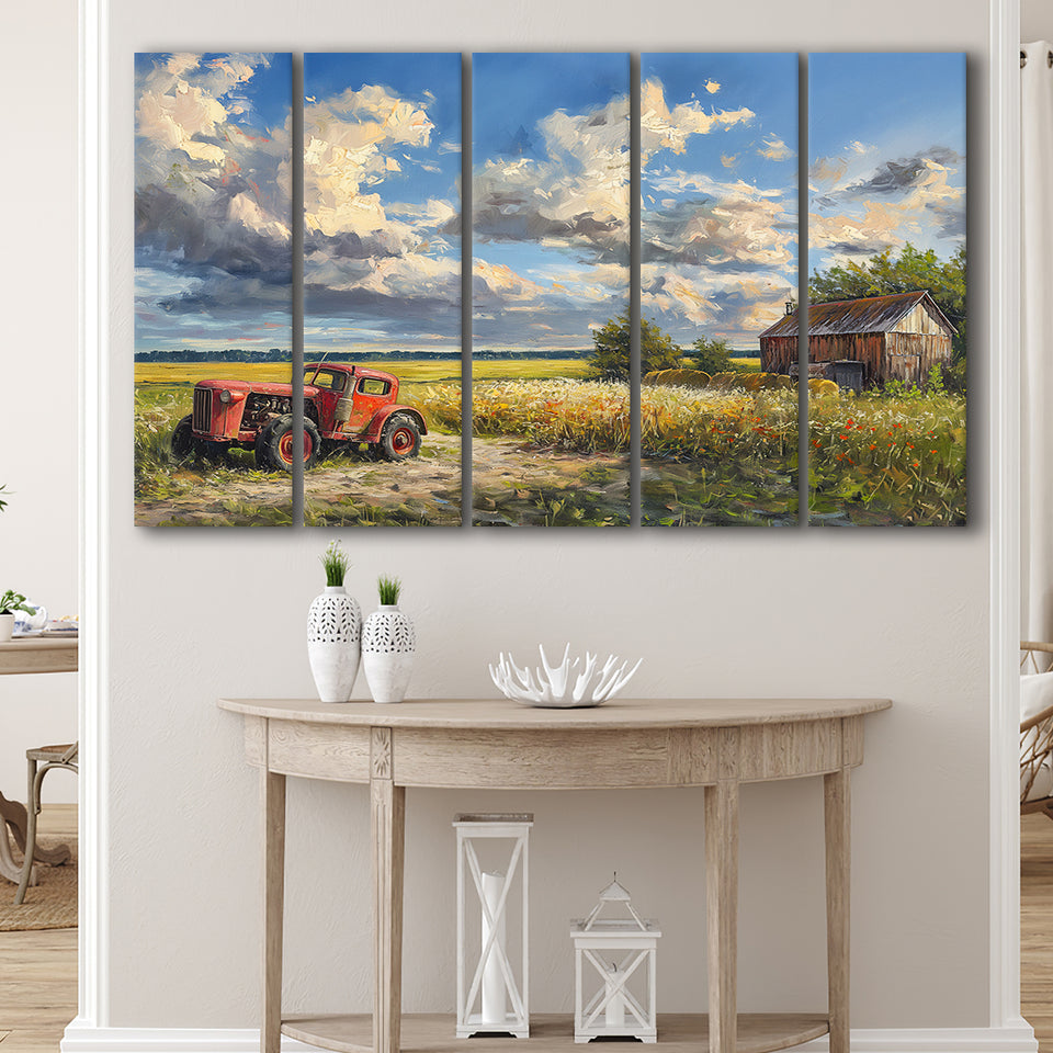 Oil Painting Clouds Over The Backyard And Old Tractor, Extra Large Canvas, Canvas Print Wall Art Decor