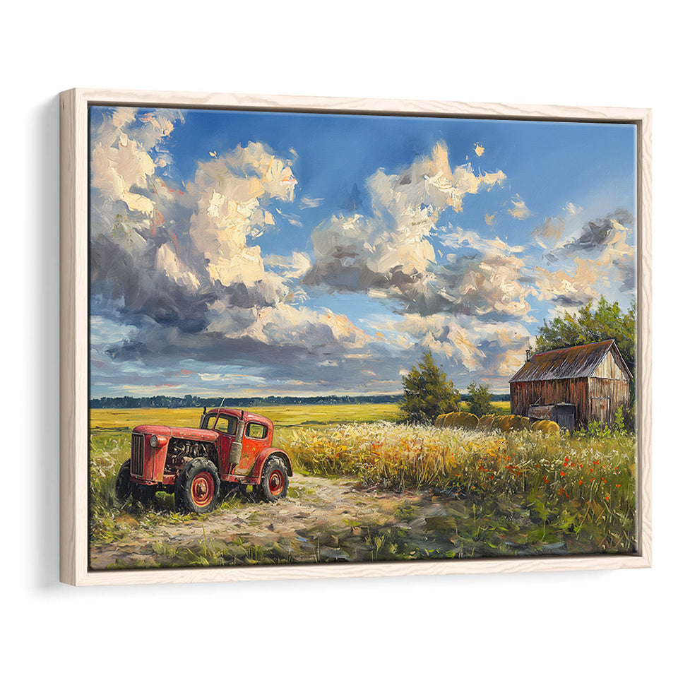 Oil Painting Clouds Over The Backyard And Old Tractor, Floating Frame, Framed Canvas Print Wall Art Home Decor