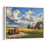 Oil Painting Clouds Over The Backyard And Old Tractor, Floating Frame, Framed Canvas Print Wall Art Home Decor
