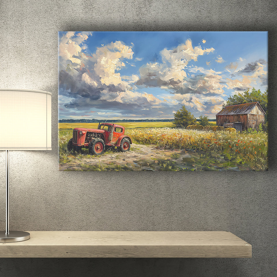 Oil Painting Clouds Over The Backyard And Old Tractor, Art Print, Canvas Print Wall Art Home Decor