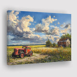 Oil Painting Clouds Over The Backyard And Old Tractor, Art Print, Canvas Print Wall Art Home Decor