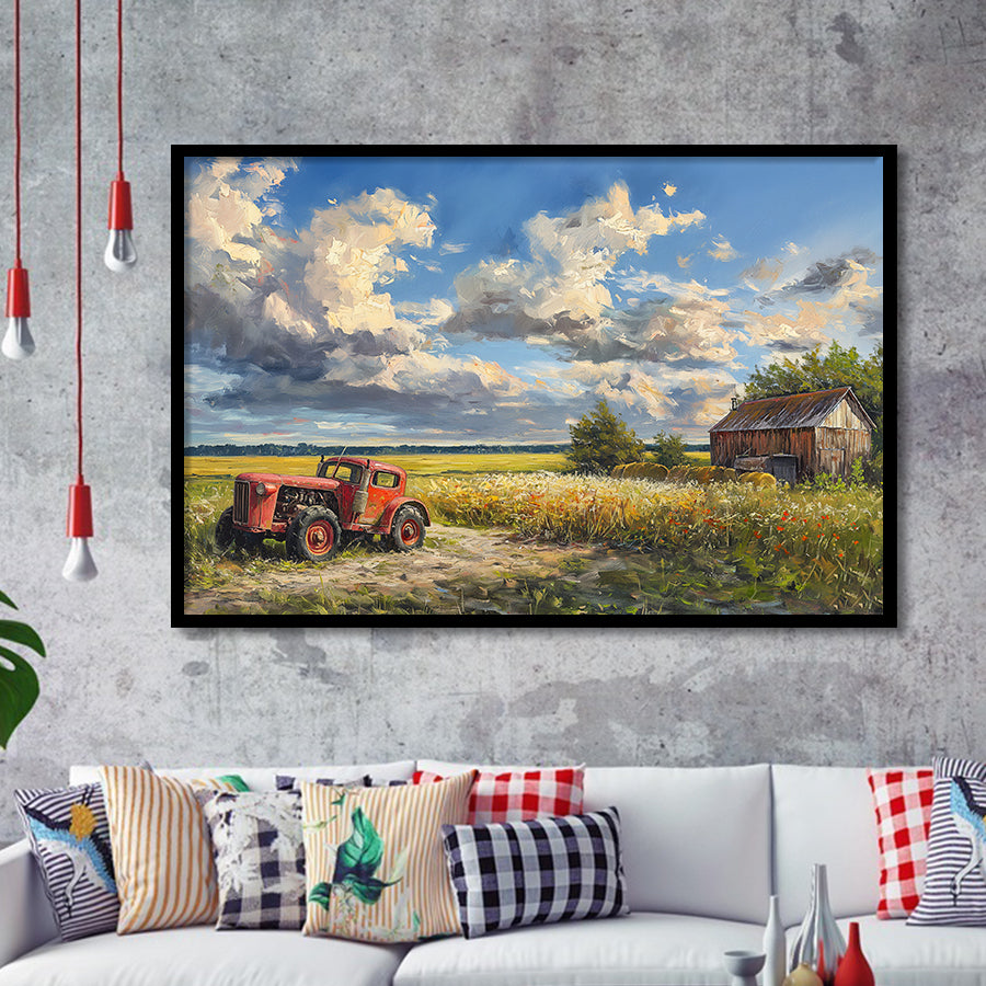 Oil Painting Clouds Over The Backyard And Old Tractor, Painting Art, Framed Art Print Wall Art Home Decor