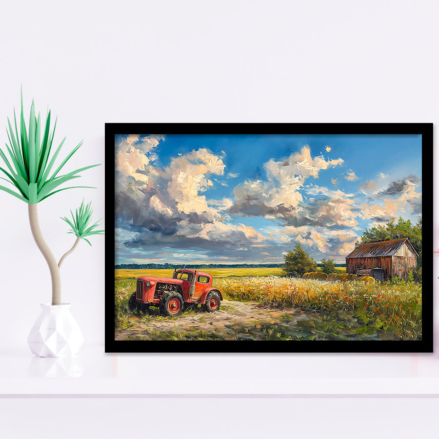 Oil Painting Clouds Over The Backyard And Old Tractor, Painting Art, Framed Art Print Wall Art Home Decor