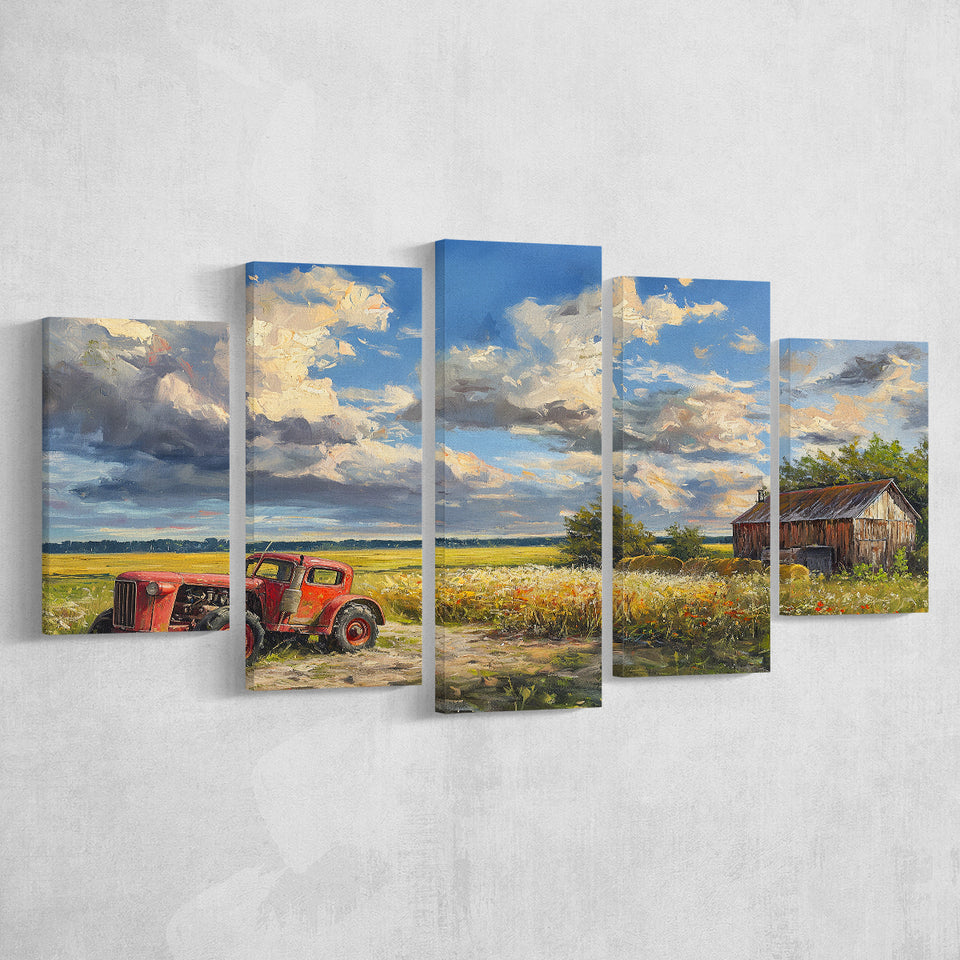 Oil Painting Clouds Over The Backyard And Old Tractor, Multi Panel,Mixed Canvas Print Wall Art Decor