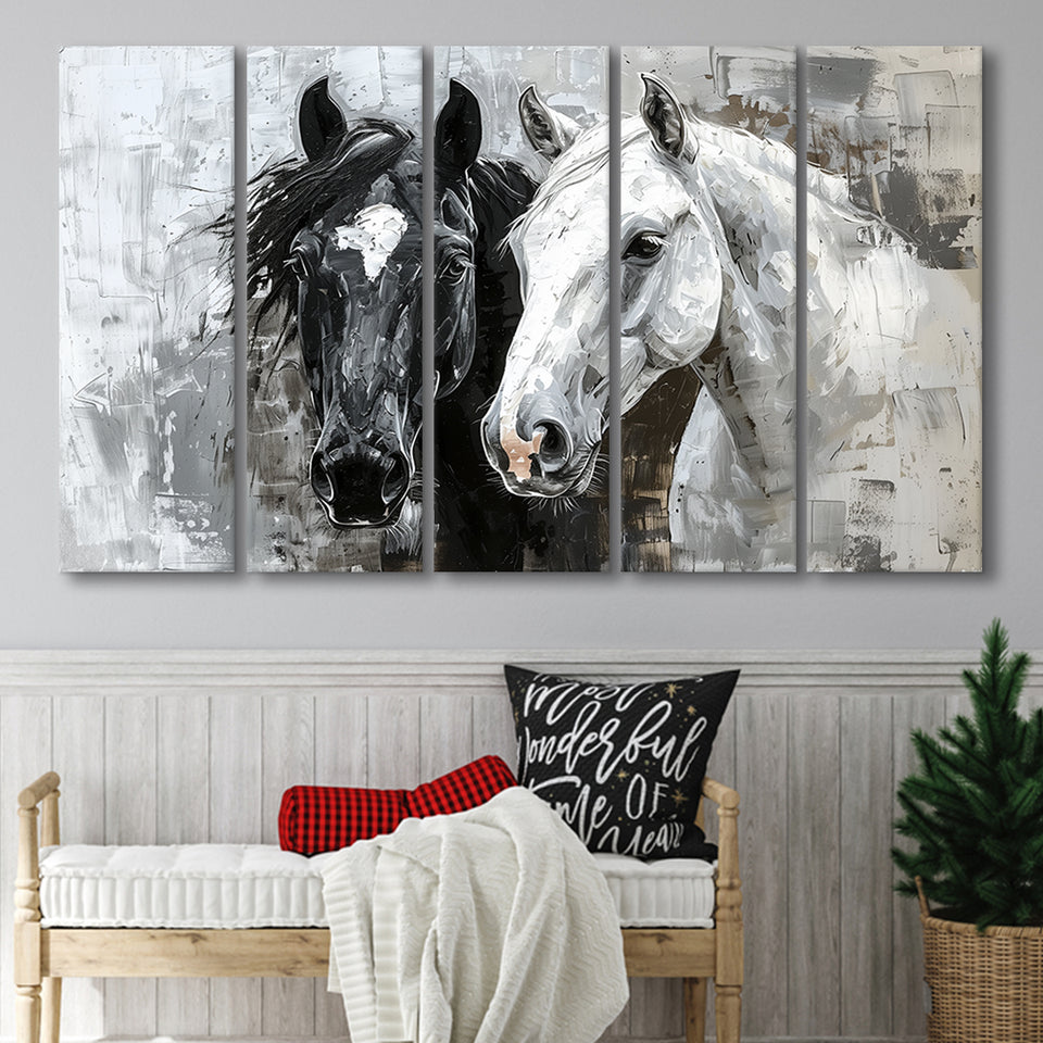 Oil Painting Couple Horse Portrait Black And White V2, 5 Panels Extra Large Canvas, Canvas Prints Wall Art Decor
