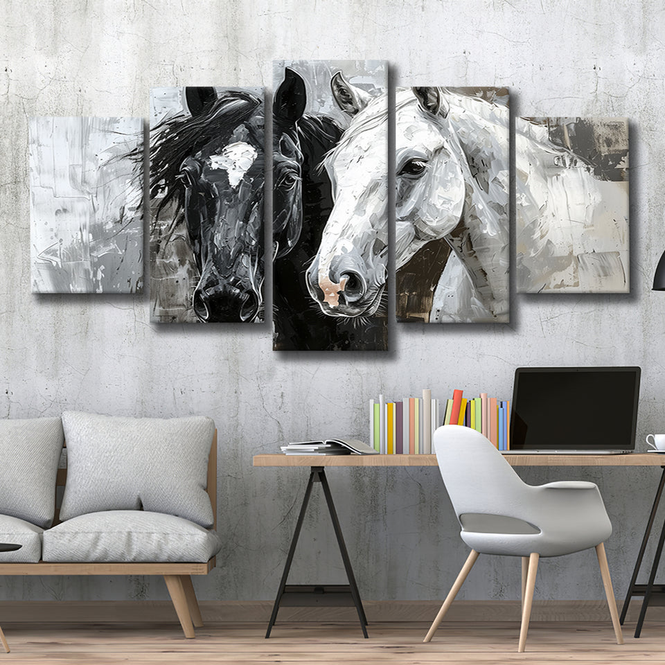 Oil Painting Couple Horse Portrait Black And White V2, 5 Panels Mixed Large Canvas, Canvas Prints Wall Art Decor