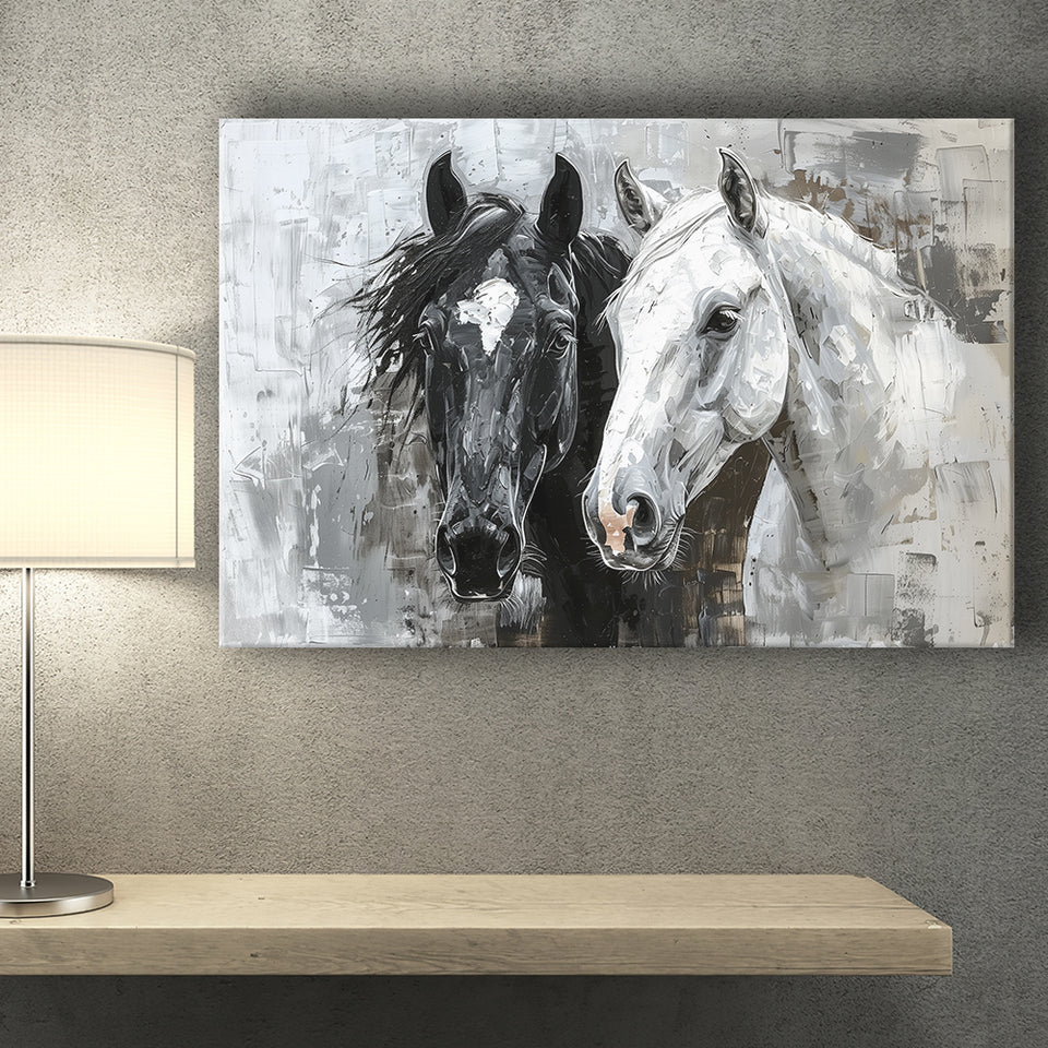 Oil Painting Couple Horse Portrait Black And White V2, Canvas Painting, Canvas Prints Wall Art Decor