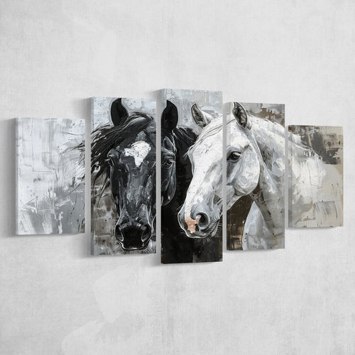 Oil Painting Couple Horse Portrait Black And White V2, 5 Panels Mixed Large Canvas, Canvas Prints Wall Art Decor