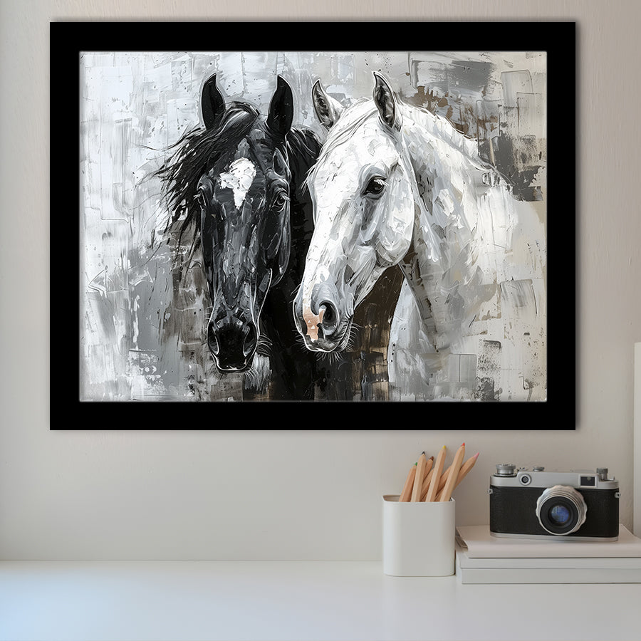 Oil Painting Couple Horse Portrait Black And White V2, Framed Art Print Wall Decor, Framed Picture