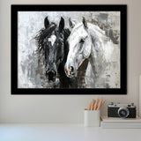 Oil Painting Couple Horse Portrait Black And White V2, Framed Art Print Wall Decor, Framed Picture