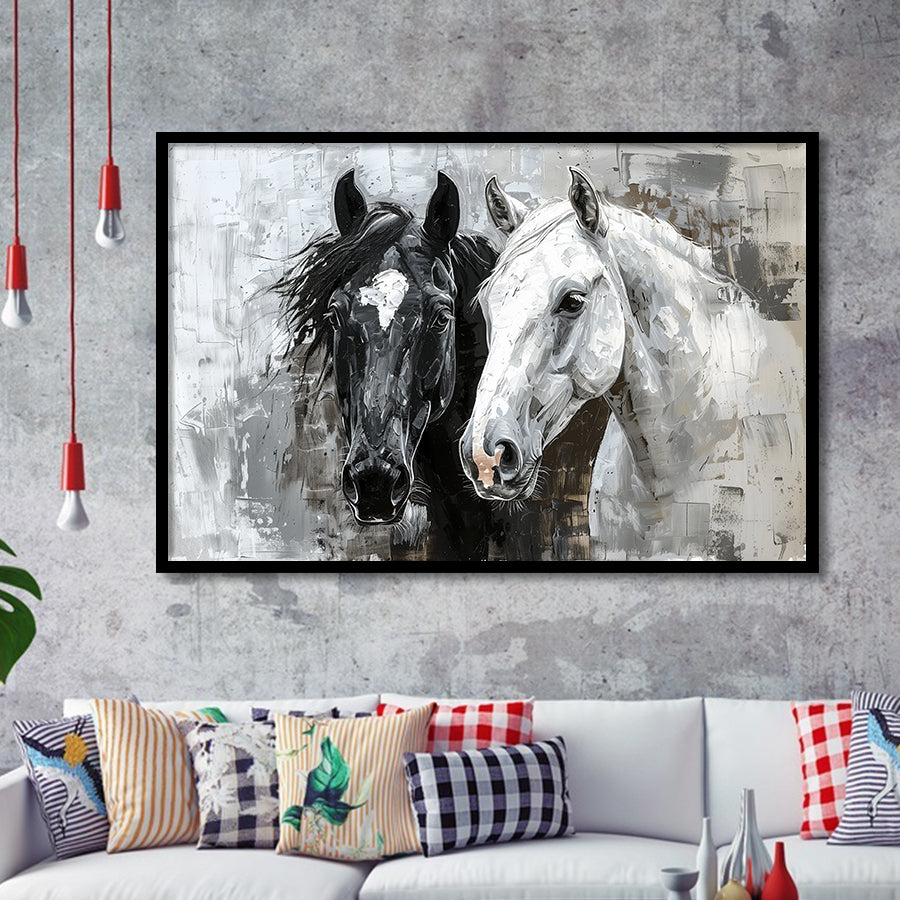 Oil Painting Couple Horse Portrait Black And White V2, Framed Art Print Wall Decor, Framed Picture