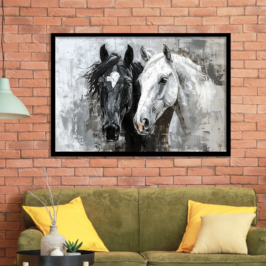 Oil Painting Couple Horse Portrait Black And White V2, Framed Art Print Wall Decor, Framed Picture