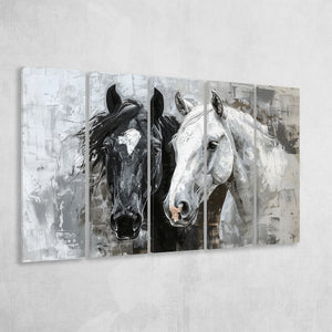Oil Painting Couple Horse Portrait Black And White V2, 5 Panels Extra Large Canvas, Canvas Prints Wall Art Decor