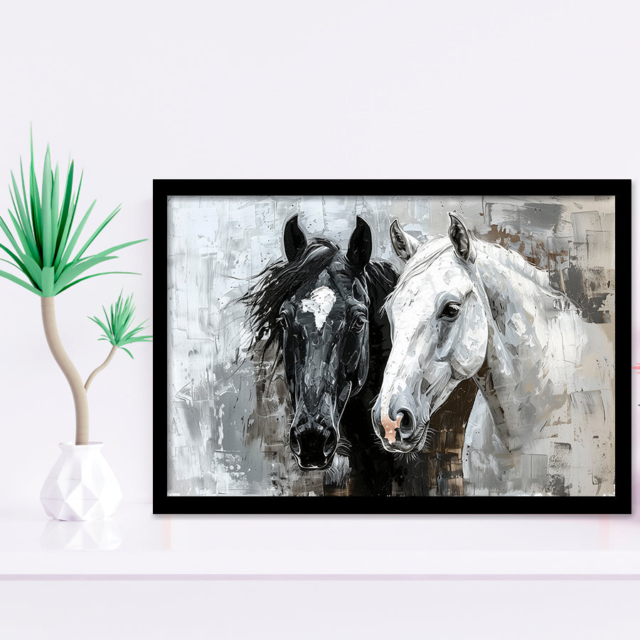 Oil Painting Couple Horse Portrait Black And White V2, Framed Art Print Wall Decor, Framed Picture