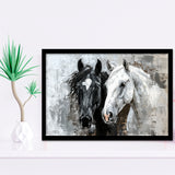 Oil Painting Couple Horse Portrait Black And White V2, Framed Art Print Wall Decor, Framed Picture