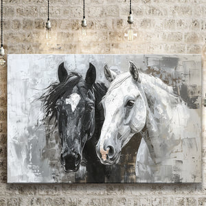 Oil Painting Couple Horse Portrait Black And White V2, Canvas Painting, Canvas Prints Wall Art Decor