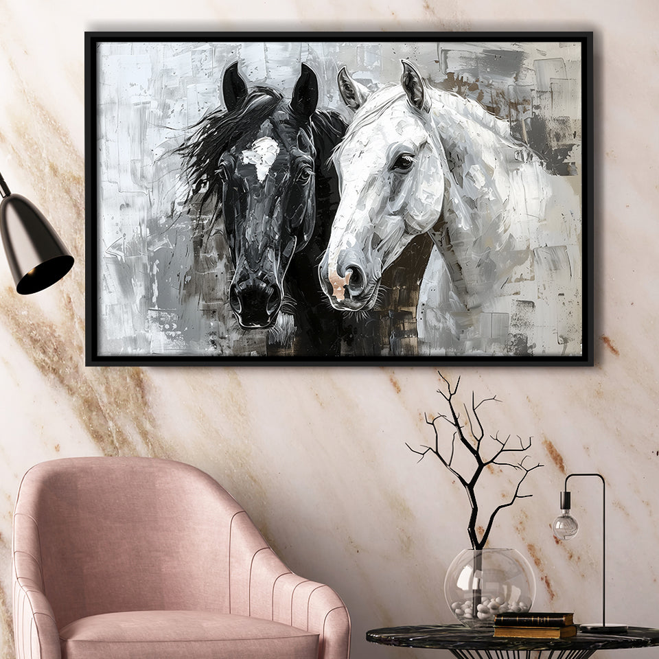 Oil Painting Couple Horse Portrait Black And White V2, Framed Canvas Painting, Framed Canvas Prints Wall Art Decor