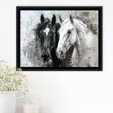 Oil Painting Couple Horse Portrait Black And White V2, Framed Canvas Painting, Framed Canvas Prints Wall Art Decor