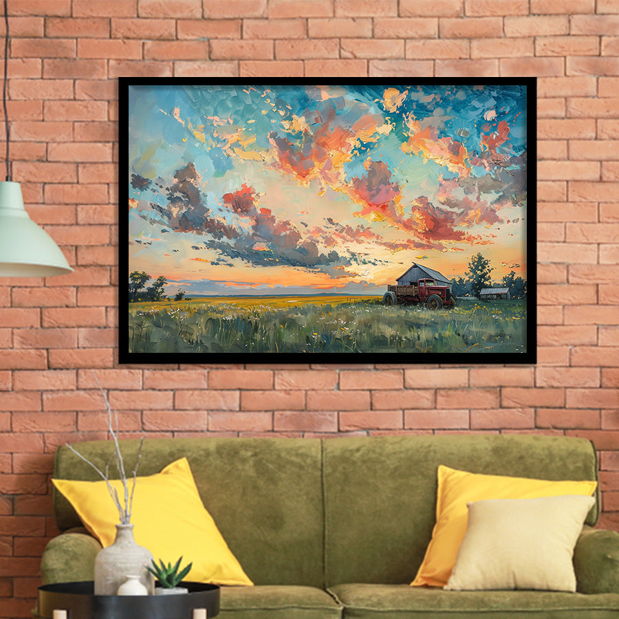 Oil Painting Pastel Clouds Over The Sunset Garden, Painting Art, Framed Art Print Wall Art Home Decor
