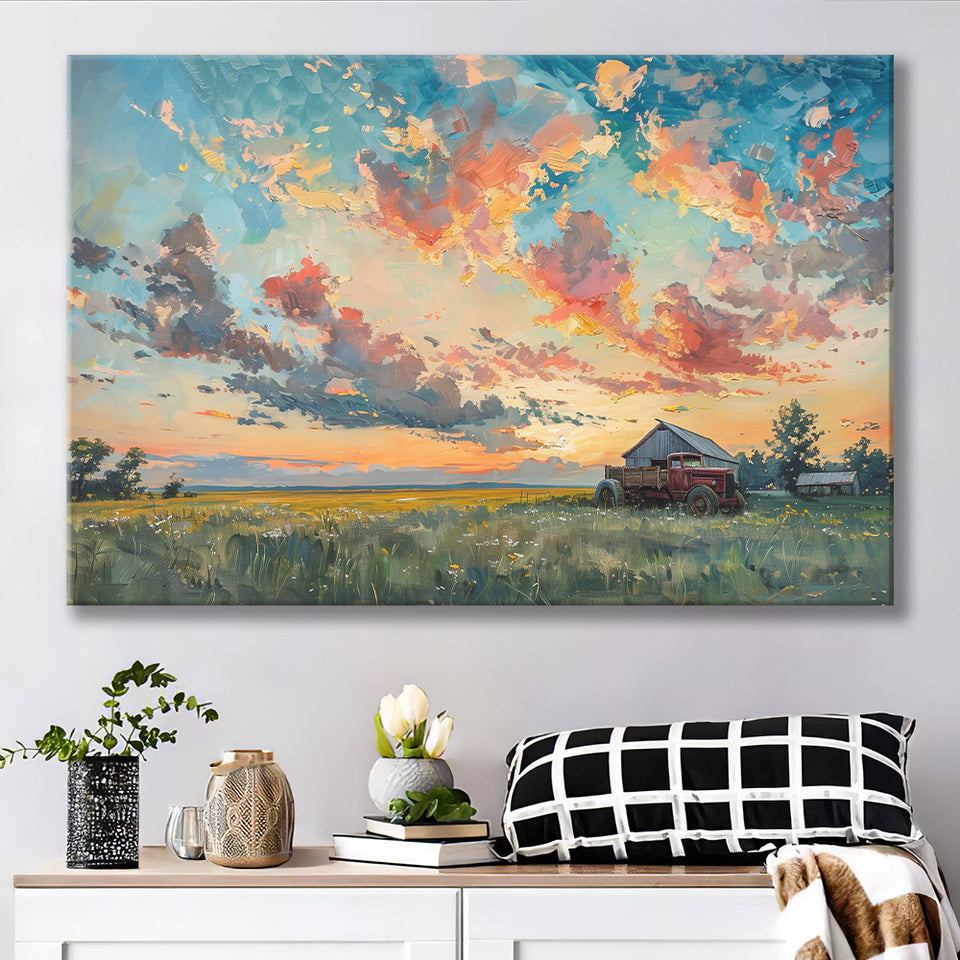 Oil Painting Pastel Clouds Over The Sunset Garden, Art Print, Canvas Print Wall Art Home Decor