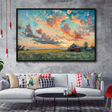Oil Painting Pastel Clouds Over The Sunset Garden, Floating Frame, Framed Canvas Print Wall Art Home Decor
