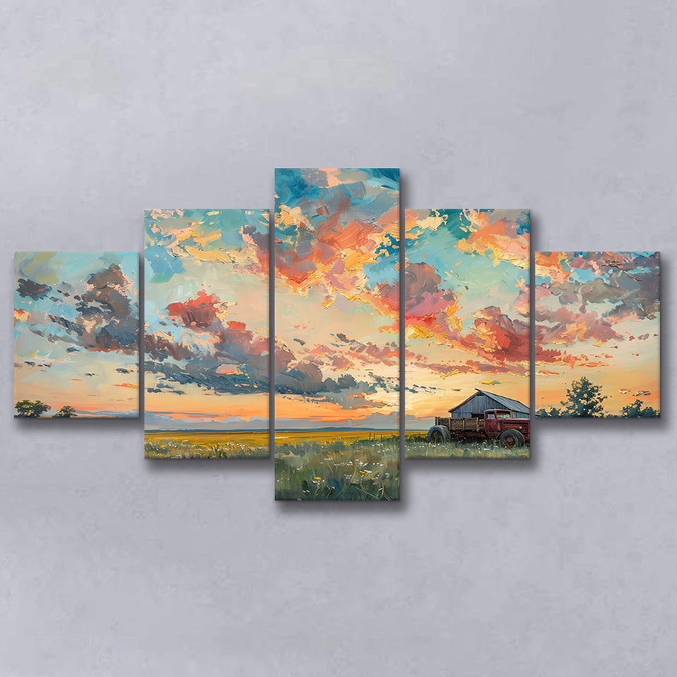 Oil Painting Pastel Clouds Over The Sunset Garden, Multi Panel,Mixed Canvas Print Wall Art Decor