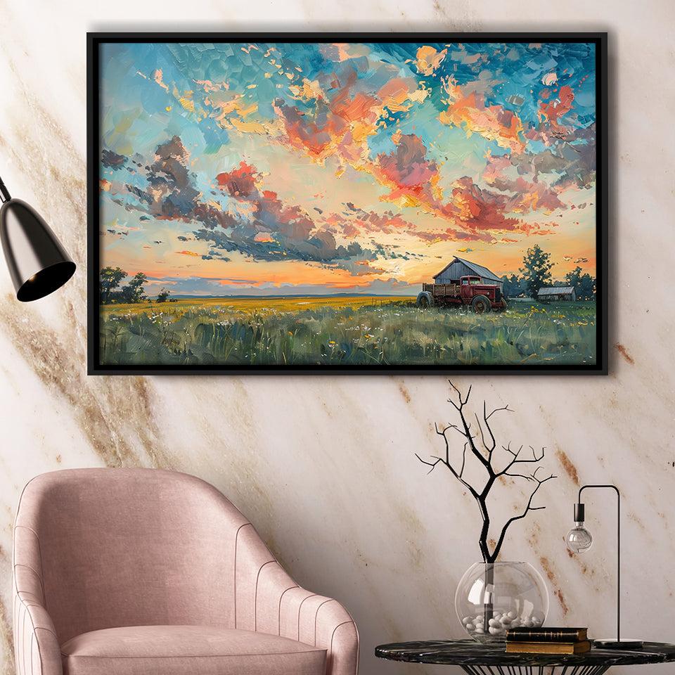 Oil Painting Pastel Clouds Over The Sunset Garden, Floating Frame, Framed Canvas Print Wall Art Home Decor