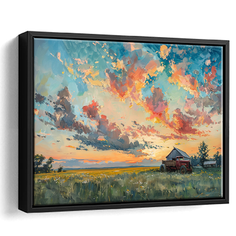 Oil Painting Pastel Clouds Over The Sunset Garden, Floating Frame, Framed Canvas Print Wall Art Home Decor