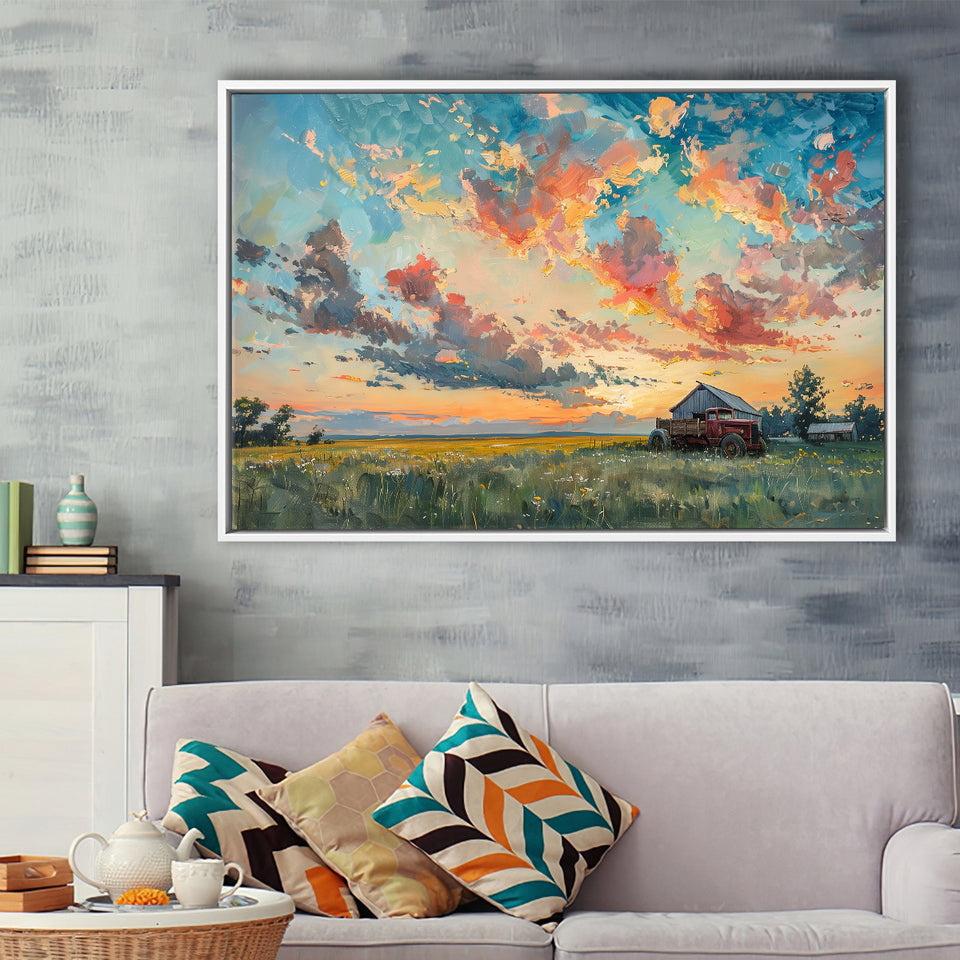 Oil Painting Pastel Clouds Over The Sunset Garden, Floating Frame, Framed Canvas Print Wall Art Home Decor