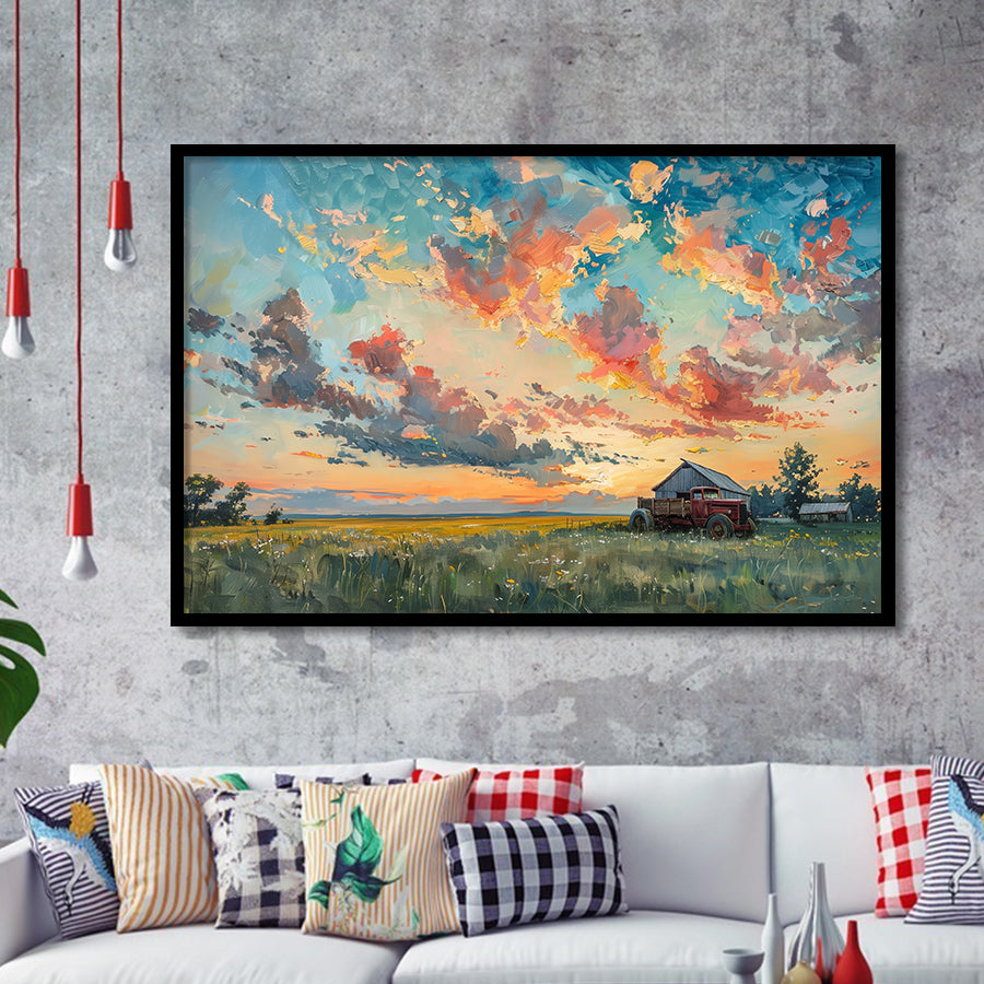 Oil Painting Pastel Clouds Over The Sunset Garden, Painting Art, Framed Art Print Wall Art Home Decor