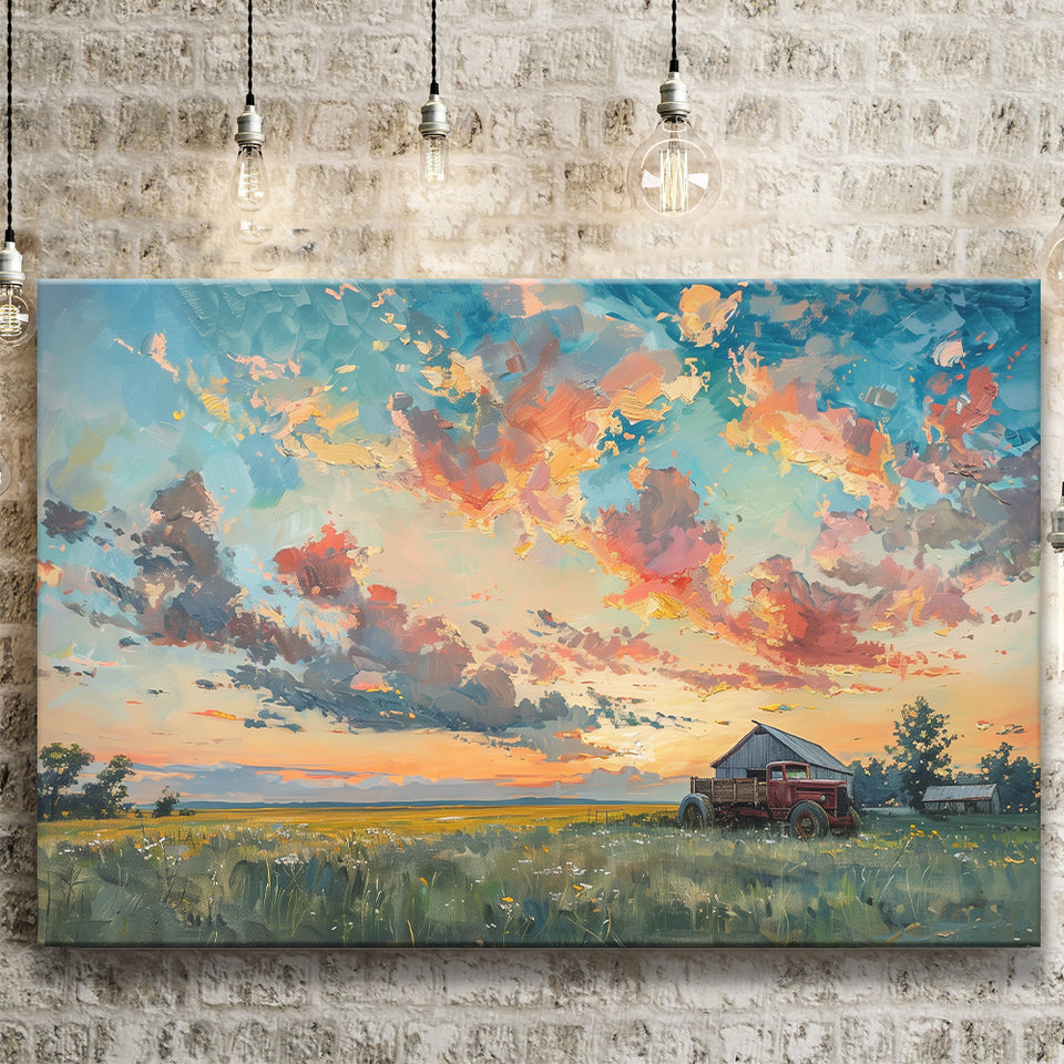 Oil Painting Pastel Clouds Over The Sunset Garden, Art Print, Canvas Print Wall Art Home Decor