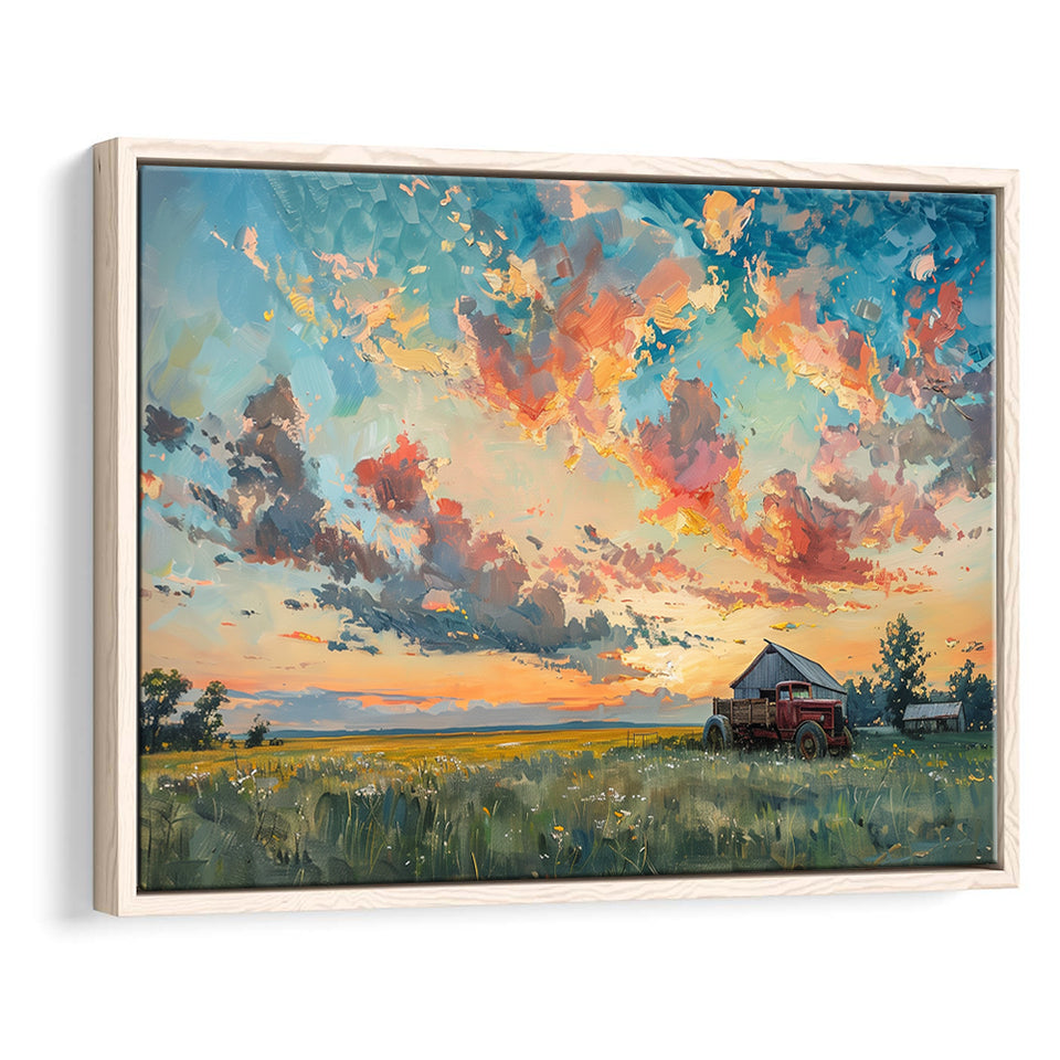 Oil Painting Pastel Clouds Over The Sunset Garden, Floating Frame, Framed Canvas Print Wall Art Home Decor