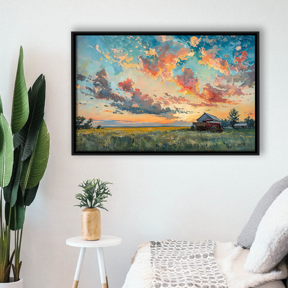 Oil Painting Pastel Clouds Over The Sunset Garden, Floating Frame, Framed Canvas Print Wall Art Home Decor