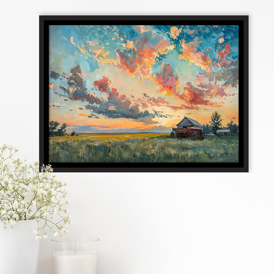 Oil Painting Pastel Clouds Over The Sunset Garden, Floating Frame, Framed Canvas Print Wall Art Home Decor