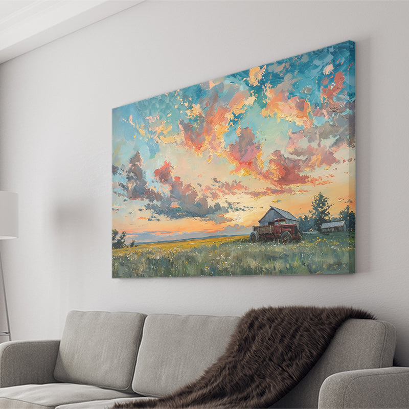 Oil Painting Pastel Clouds Over The Sunset Garden, Art Print, Canvas Print Wall Art Home Decor