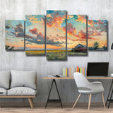 Oil Painting Pastel Clouds Over The Sunset Garden, Multi Panel,Mixed Canvas Print Wall Art Decor