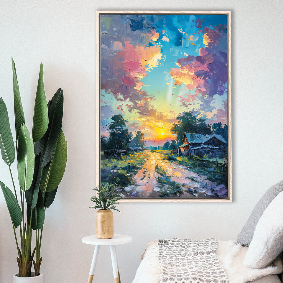Oil Painting Pastel Lemon Clouds in the Sunset, Framed Canvas Prints Wall Art Decor, Floating Frame