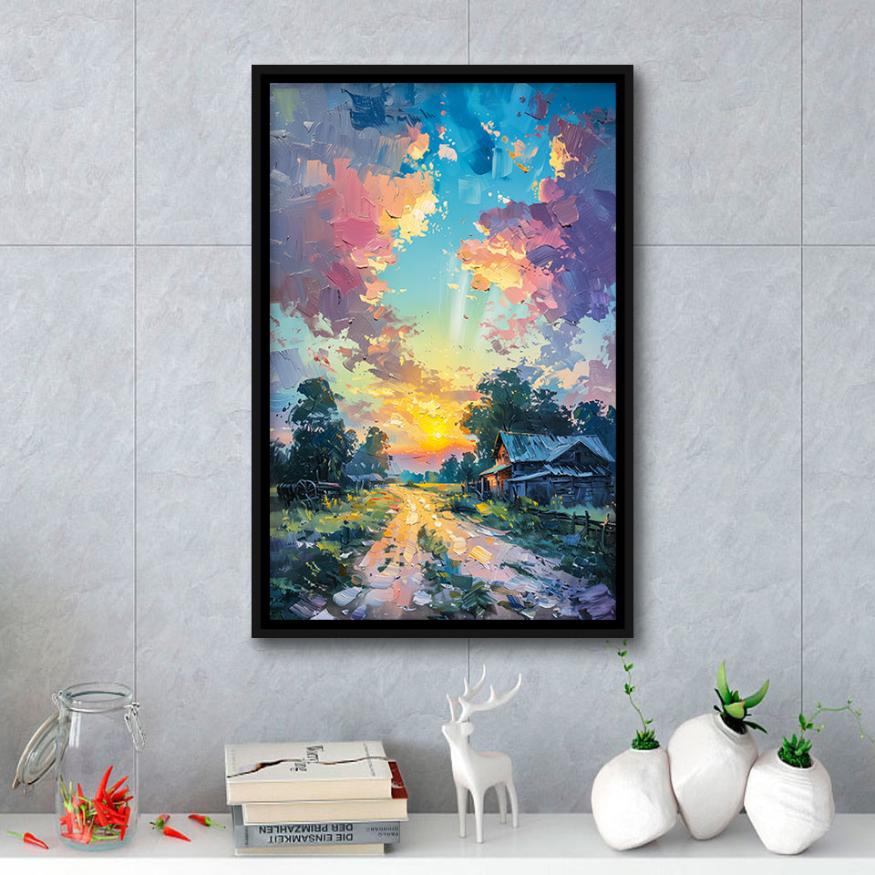Oil Painting Pastel Lemon Clouds in the Sunset, Framed Canvas Prints Wall Art Decor, Floating Frame