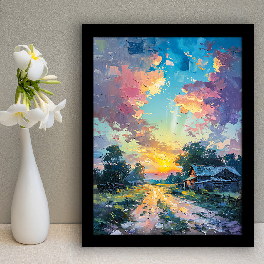 Oil Painting Pastel Lemon Clouds in the Sunset, Framed Art Prints Wall Art Decor, Framed Picture Print