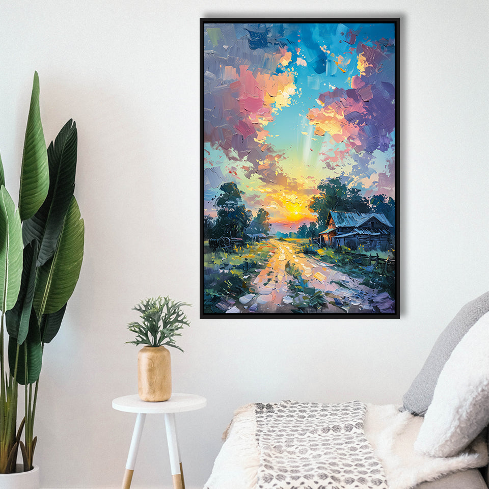 Oil Painting Pastel Lemon Clouds in the Sunset, Framed Canvas Prints Wall Art Decor, Floating Frame