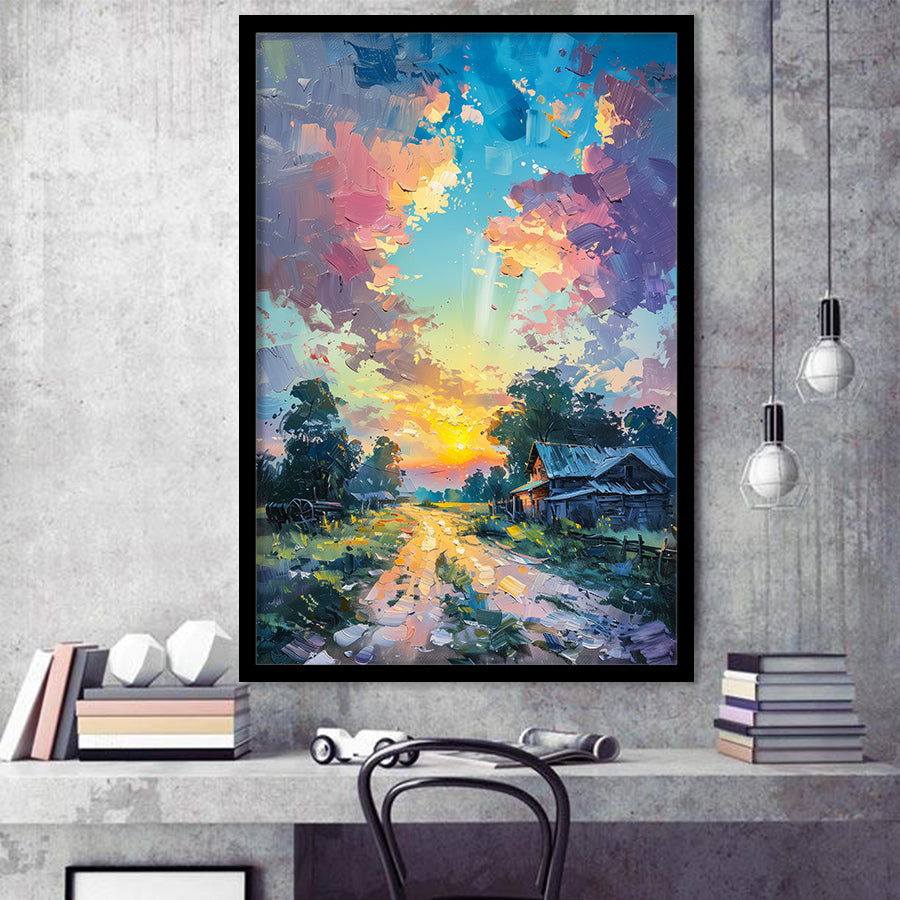 Oil Painting Pastel Lemon Clouds in the Sunset, Framed Art Prints Wall Art Decor, Framed Picture Print