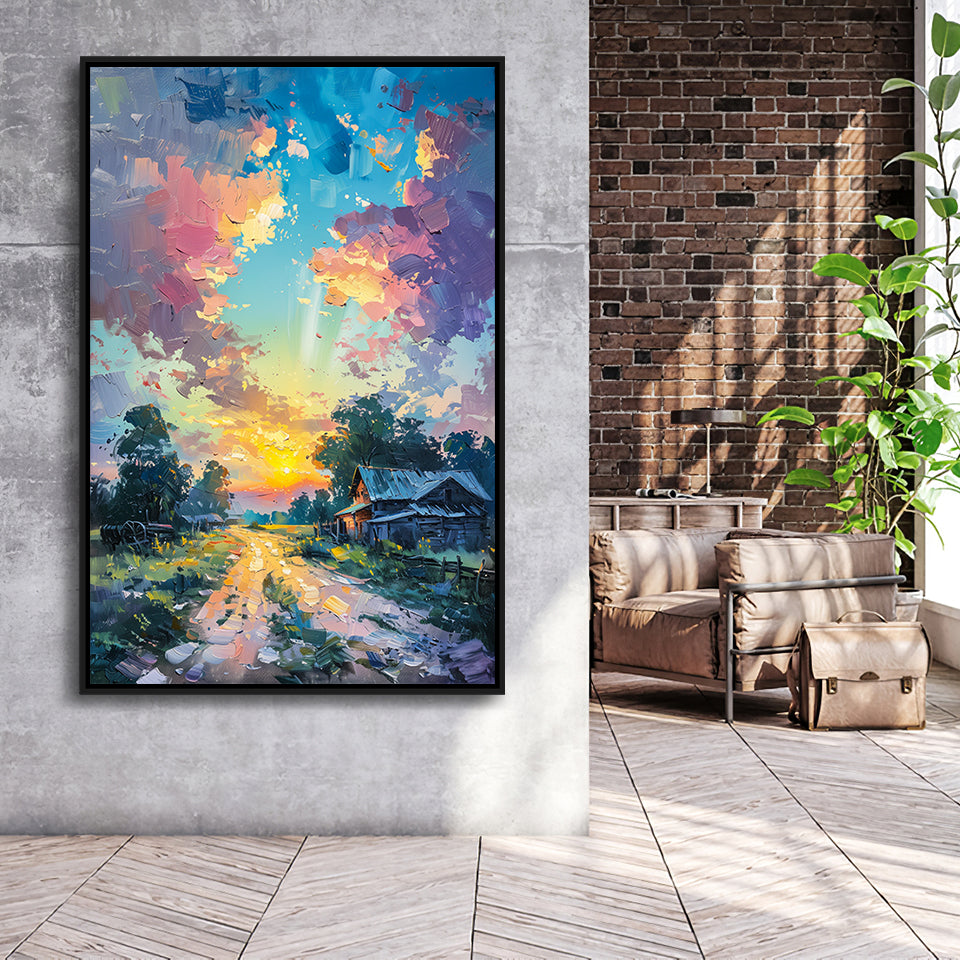 Oil Painting Pastel Lemon Clouds in the Sunset, Framed Canvas Prints Wall Art Decor, Floating Frame