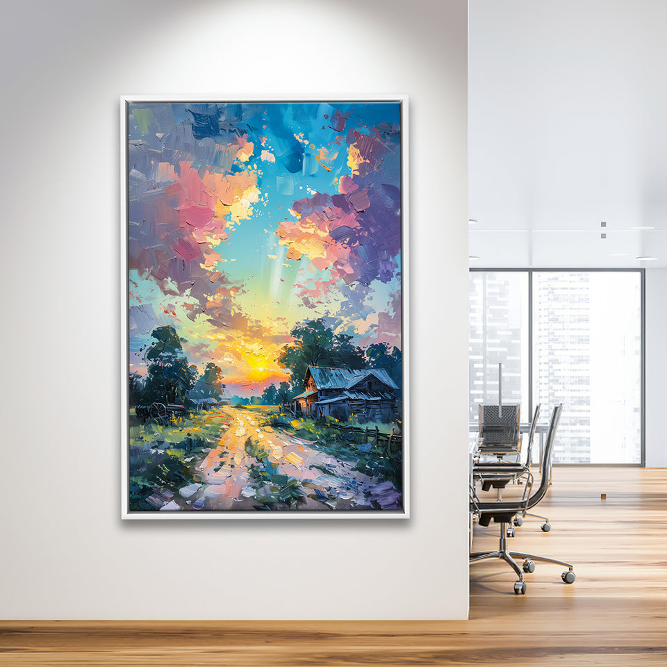 Oil Painting Pastel Lemon Clouds in the Sunset, Framed Canvas Prints Wall Art Decor, Floating Frame