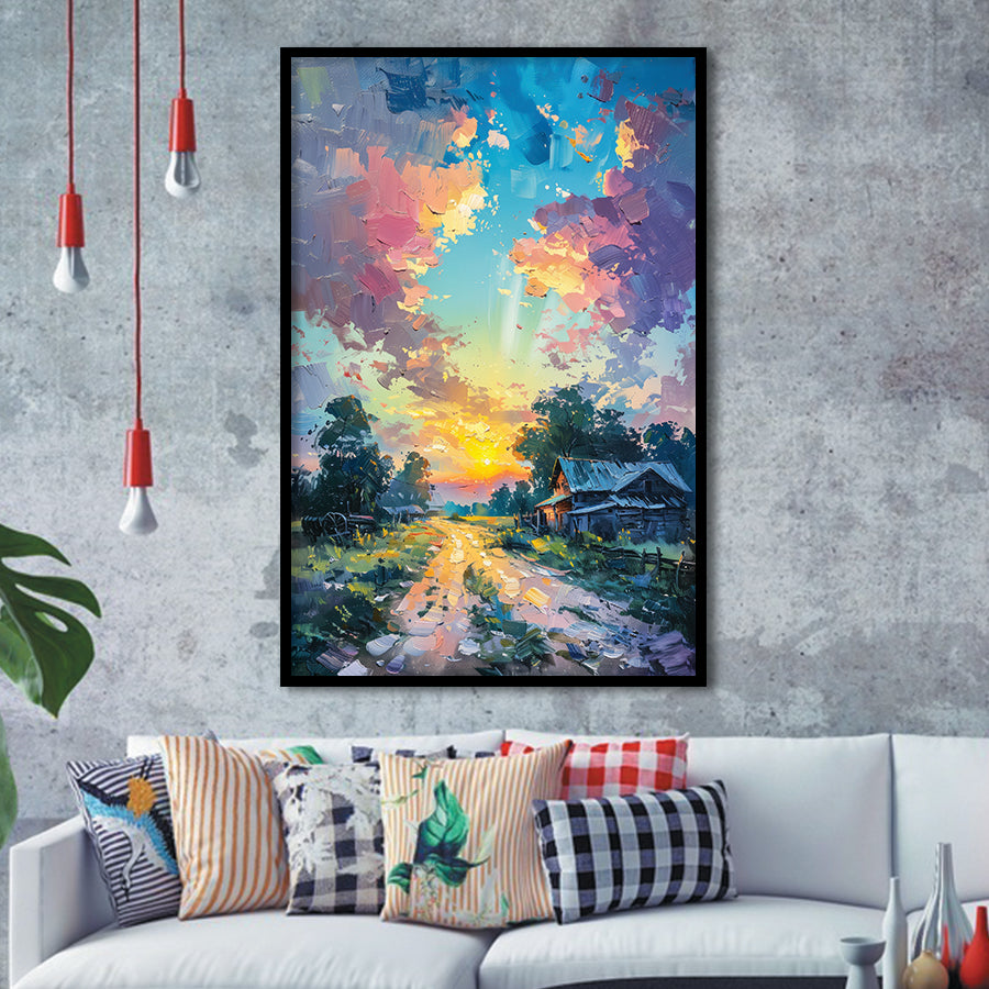 Oil Painting Pastel Lemon Clouds in the Sunset, Framed Art Prints Wall Art Decor, Framed Picture Print