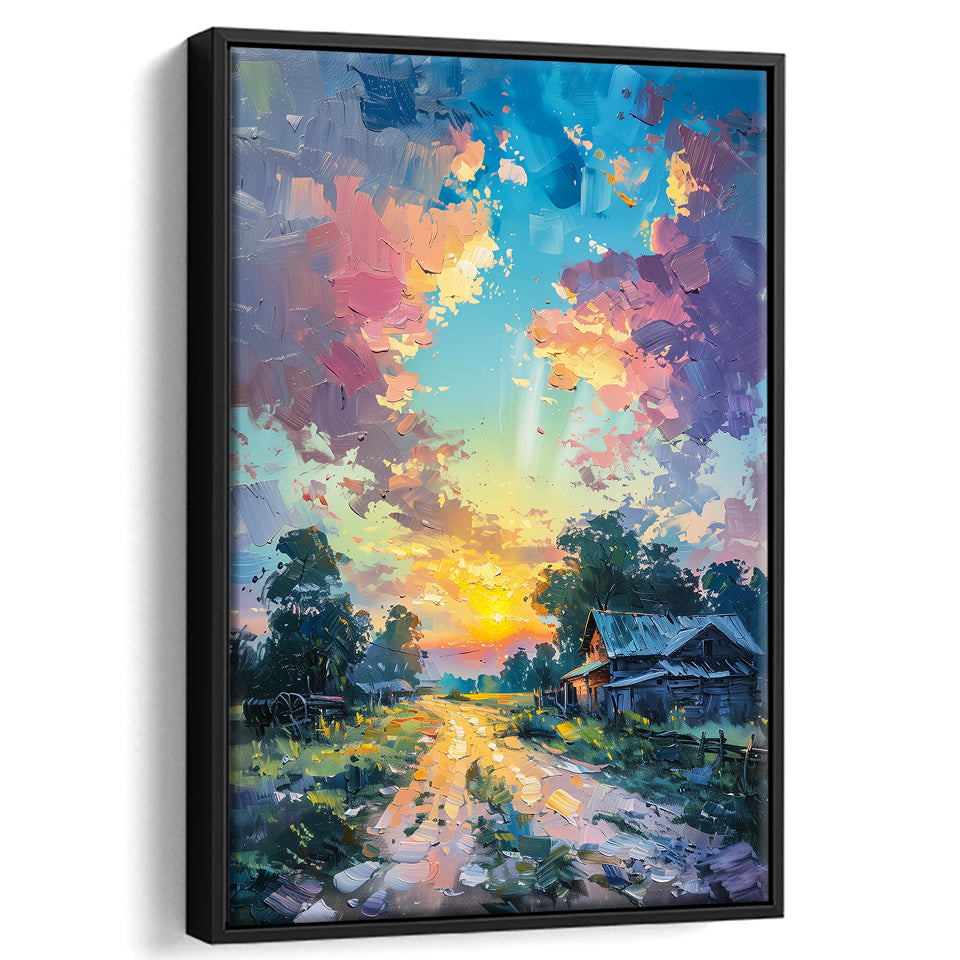 Oil Painting Pastel Lemon Clouds in the Sunset, Framed Canvas Prints Wall Art Decor, Floating Frame