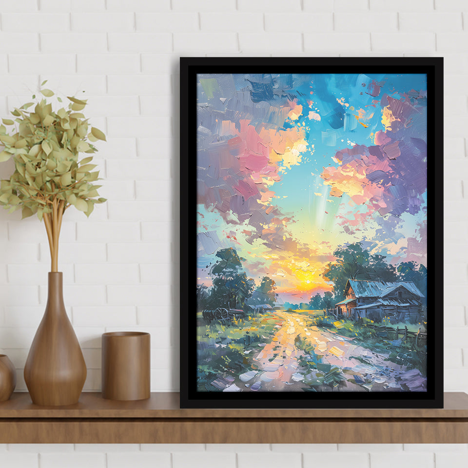 Oil Painting Pastel Lemon Clouds in the Sunset, Framed Canvas Prints Wall Art Decor, Floating Frame
