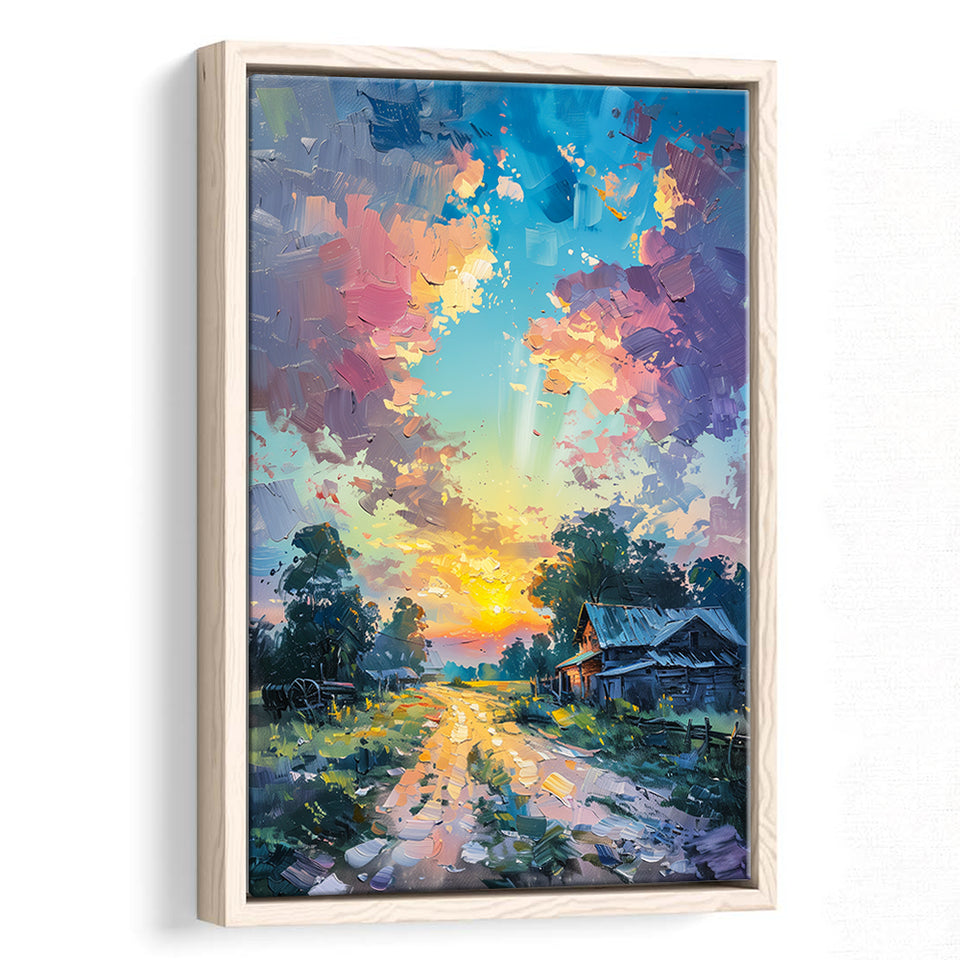 Oil Painting Pastel Lemon Clouds in the Sunset, Framed Canvas Prints Wall Art Decor, Floating Frame