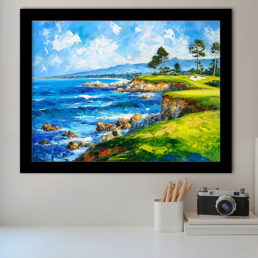 Oil Painting Pebble Beach Golf Links, Golf Art, Gift for him, Framed Art Prints Wall Decor